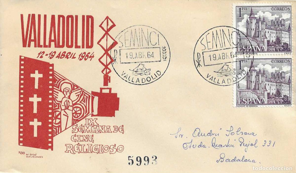 Sellos: SEMINCI IX SEMANA DE CINE RELIGIOSO, VALLADOLID 19 ABRIL 1964 MATASELLOS SOBRE CIRCULADO MS RARO ASI