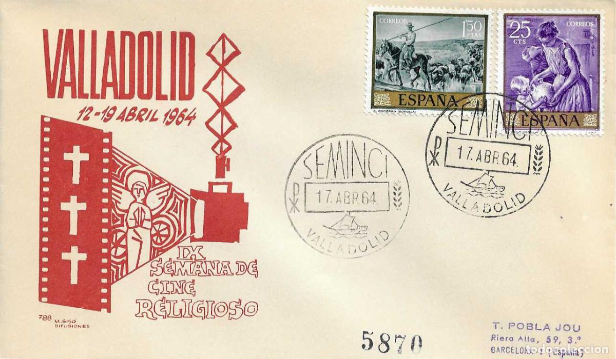 Sellos: SEMINCI IX SEMANA DE CINE RELIGIOSO, VALLADOLID 17 ABRIL 1964 MATASELLOS SOBRE CIRCULADO MS RARO RWR