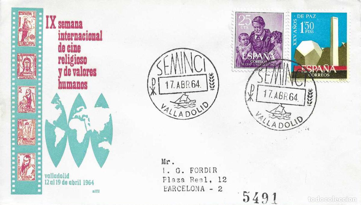 Sellos: SEMINCI IX SEMANA DE CINE RELIGIOSO, VALLADOLID 17 ABRIL 1964. MATASELLOS SOBRE CIRCULADO ALFIL RARO