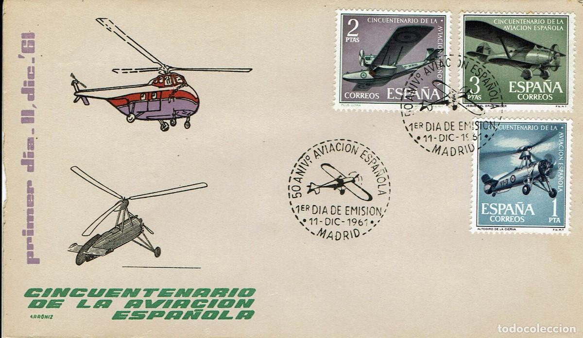 Sellos: Cincuentenario de la Aviaci&oacute;n Espa&ntilde;ola / Sobre Primer dia de emisi&oacute;n 11/12/1961 / SPD / M&aacute;xima