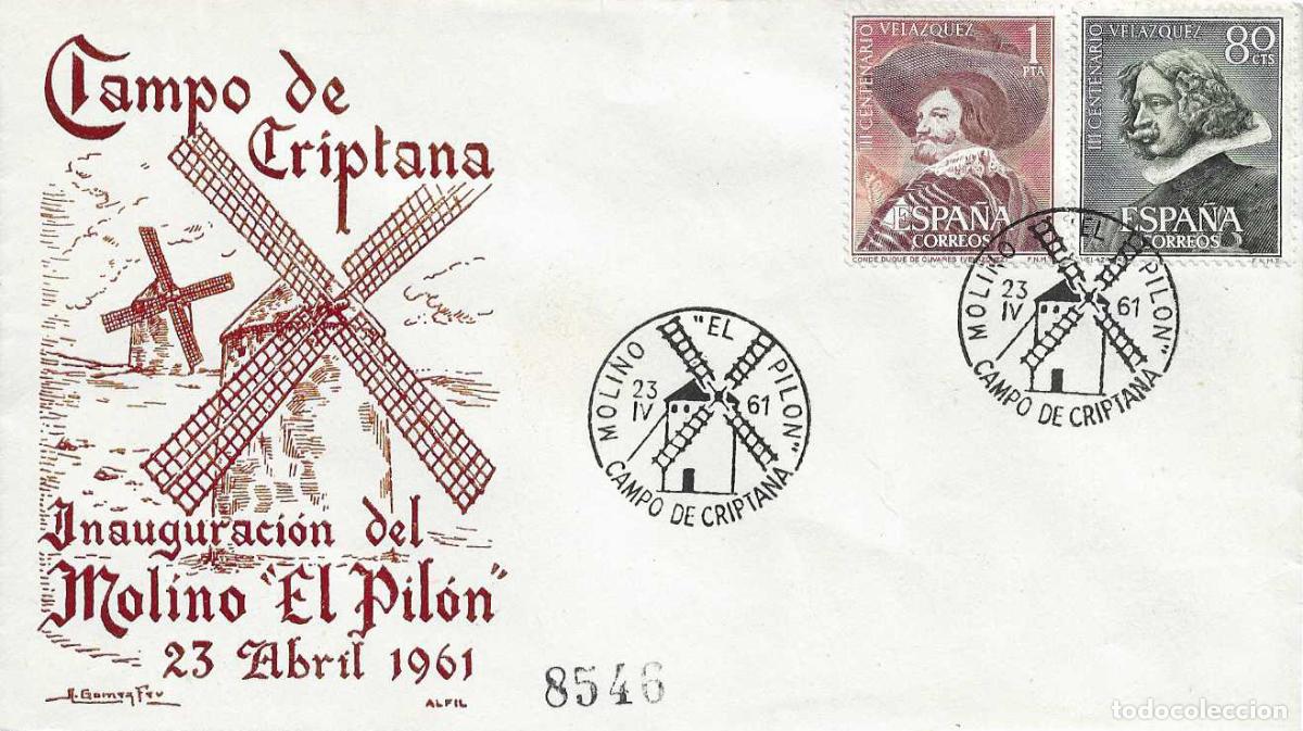 Sellos: MOLINOS VIENTO INAUGURACION MOLINO EL PILON, CAMPO DE CRIPTANA CIUDAD REAL 1961 MATASELLOS SOBRE RWR
