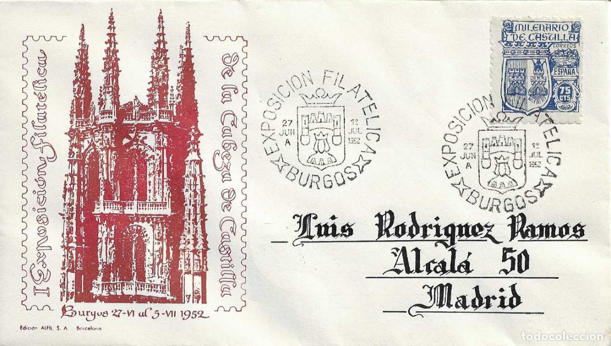 Sellos: PRIMERA EXPOSICION FILATELICA, BURGOS 1952. MATASELLOS EN SOBRE DIRIGIDO DE ALFIL. BONITO Y RARO ASI