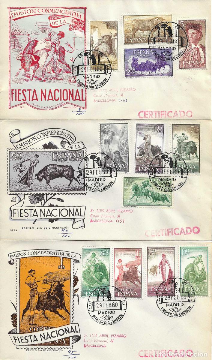 Sellos: TOROS FIESTA NACIONAL TAUROMAQUIA 1960 (EDIFIL 1254/69) EN CUATRO SOBRES PRIMER DIA CIRCULADOS DP