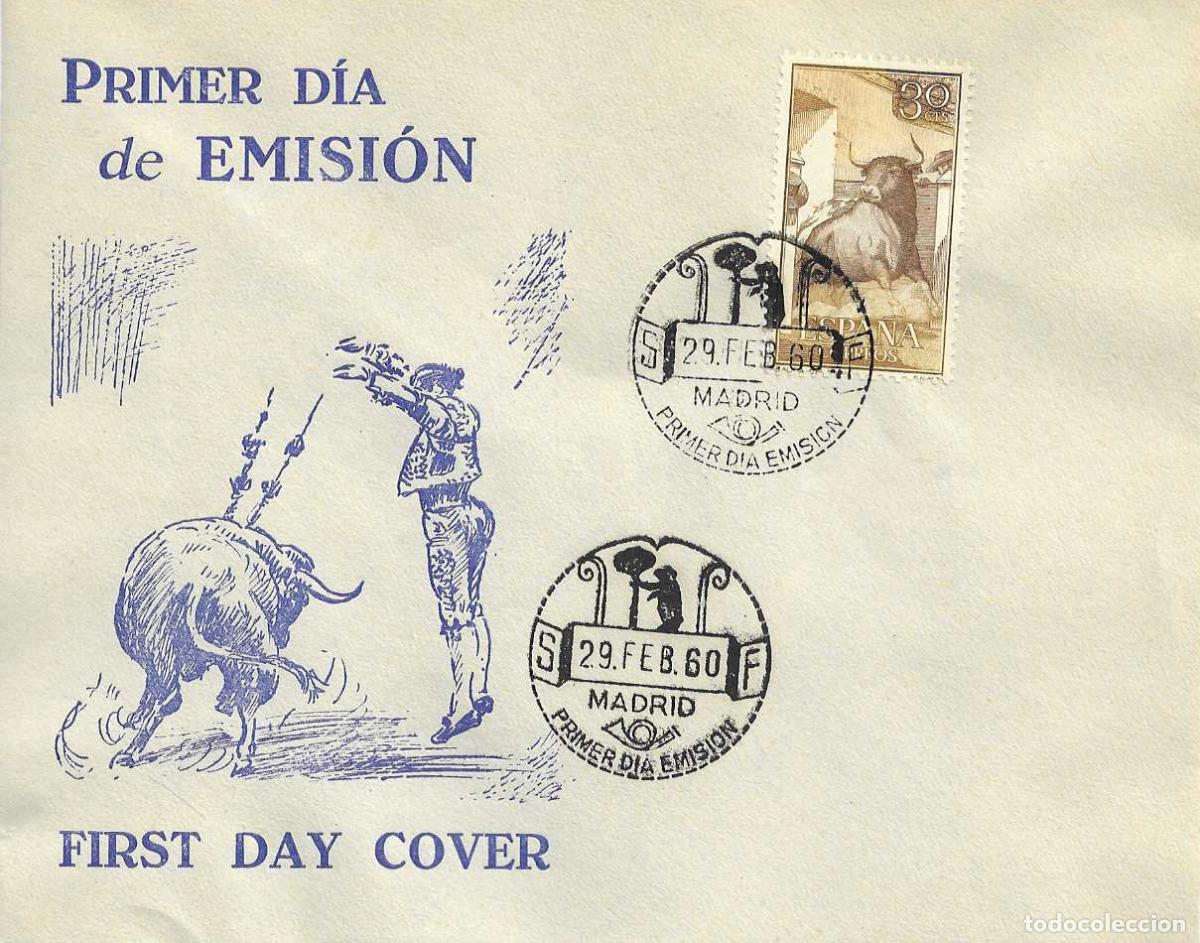 Sellos: TOROS FIESTA NACIONAL TAUROMAQUIA 1960 (EDIFIL 1257) EN SOBRE PRIMER DIA BONITA ILUSTRACION RARO ASI