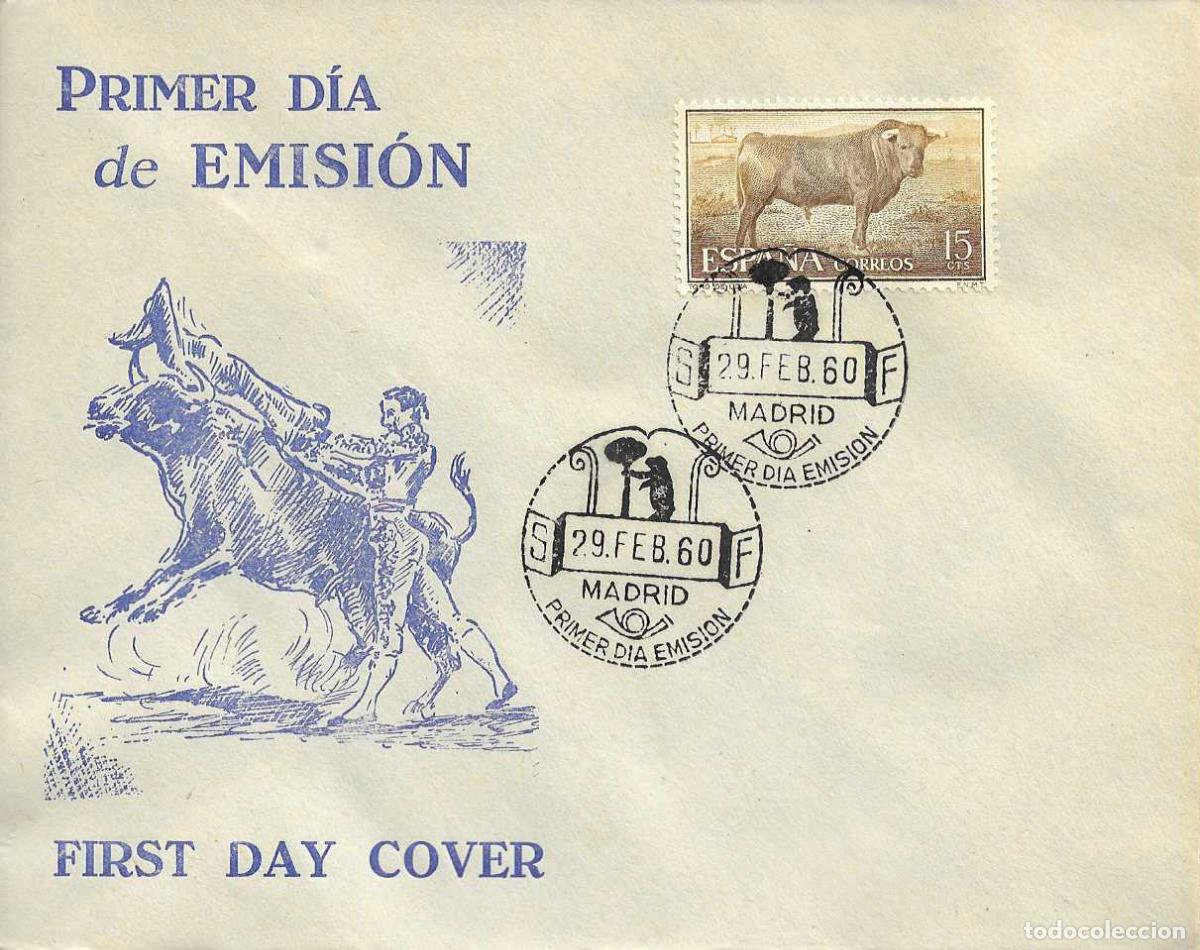 Sellos: TOROS FIESTA NACIONAL TAUROMAQUIA 1960 (EDIFIL 1254) EN SOBRE PRIMER DIA BONITA ILUSTRACION RARO ASI