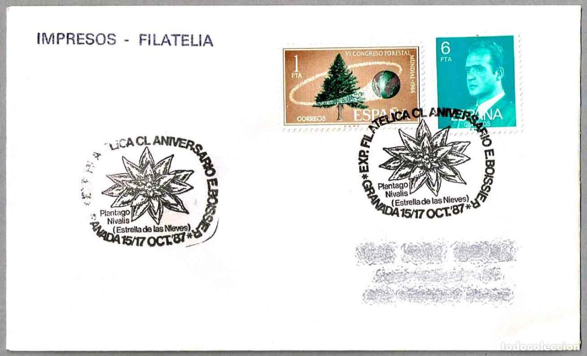 Sellos: Matasellos EXP.FIL. CL ANIV. E. BOISSIER - PLANTAGO NIVALIS - ESTRELLA DE LAS NIEVES. Granada 1987
