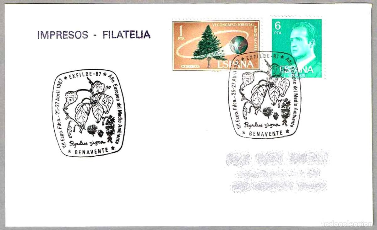 Sellos: Matasellos EXFILBE-87 - A&Ntilde;O EUR. DEL MEDIO AMBIENTE - POPULUS NIGRA. Benavente, Zamora, 1987