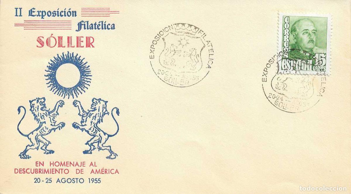 Sellos: DESCUBRIMIENTO DE AMERICA II EXPOSICION FILATEL HOMENAJE, SOLLER (BALEARES) 1955 MATASELLOS RARO RWR