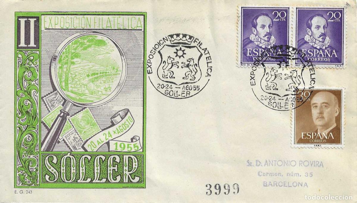Sellos: DESCUBRIMIENTO DE AMERICA II EXPOSICION, SOLLER (BALEARES) 1955 MATASELLOS EN SOBRE CIRCULADO EG RWR