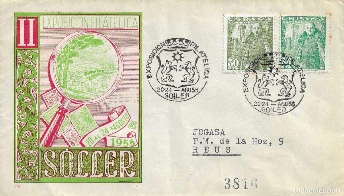 Sellos: DESCUBRIMIENTO DE AMERICA II EXPOSICION, SOLLER (BALEARES) 1955 MATASELLOS EN SOBRE CIRCULADO DP RWR
