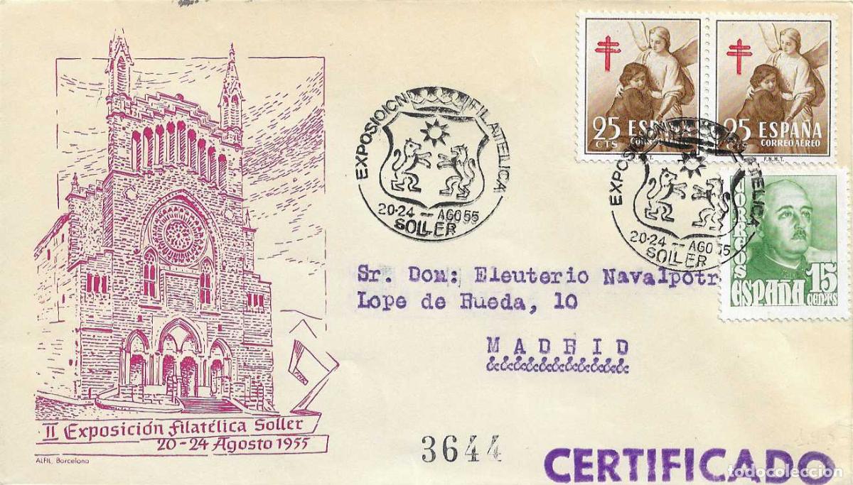 Sellos: PRO TUBERCULOSOS 1953 (EDIFIL 1123 DOS SELLOS) EN SOBRE CIRCULADO 1955 II EXPOSIC. SOLLER (BALEARES)