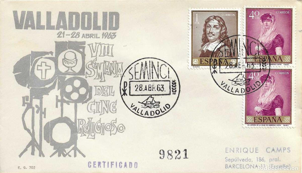 Sellos: SEMINCI VIII SEMANA CINE RELIGIOSO, VALLADOLID 28 ABRIL 1963. MATASELLOS SOBRE CIRCULADO EG MUY RARO
