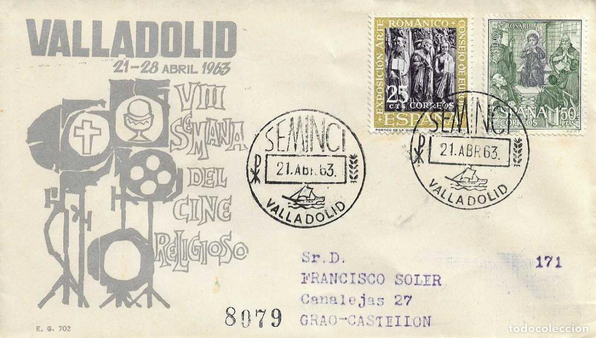 Sellos: SEMINCI VIII SEMANA CINE RELIGIOSO, VALLADOLID 21 ABRIL 1963. MATASELLOS SOBRE CIRCULADO EG MUY RARO