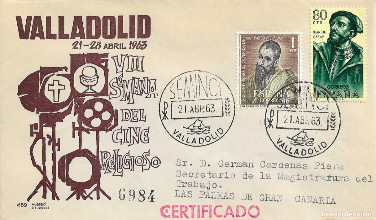 Sellos: SEMINCI VIII SEMANA CINE RELIGIOSO, VALLADOLID 21 ABRIL 1963. MATASELLOS SOBRE CIRCULADO MS MUY RARO