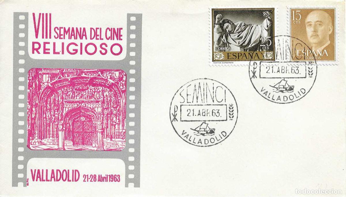 Sellos: SEMINCI VIII SEMANA CINE RELIGIOSO VALLADOLID 21 ABRIL 1963 MATASELLOS SOBRE SIN CIRCULAR ALFIL RARO