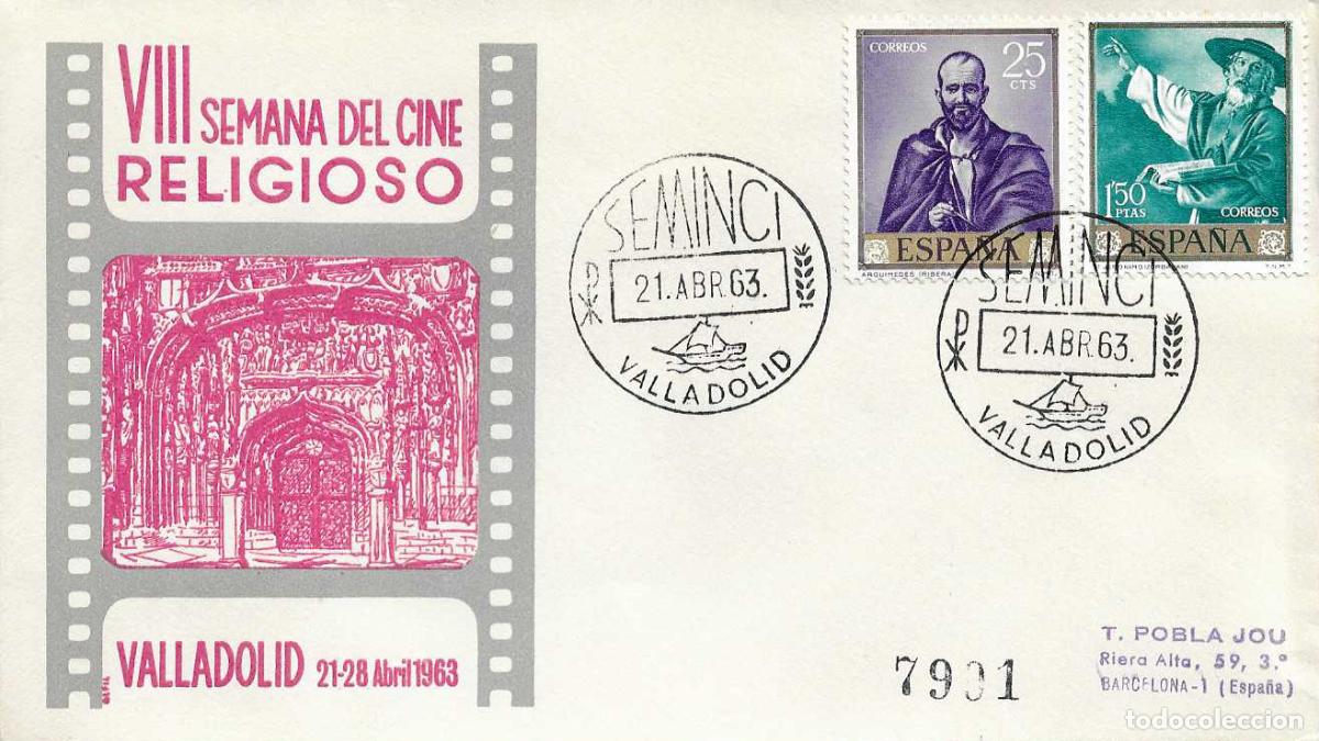 Sellos: SEMINCI VIII SEMANA CINE RELIGIOSO, VALLADOLID 21 ABRIL 1963. MATASELLOS SOBRE CIRCULADO ALFIL RARO