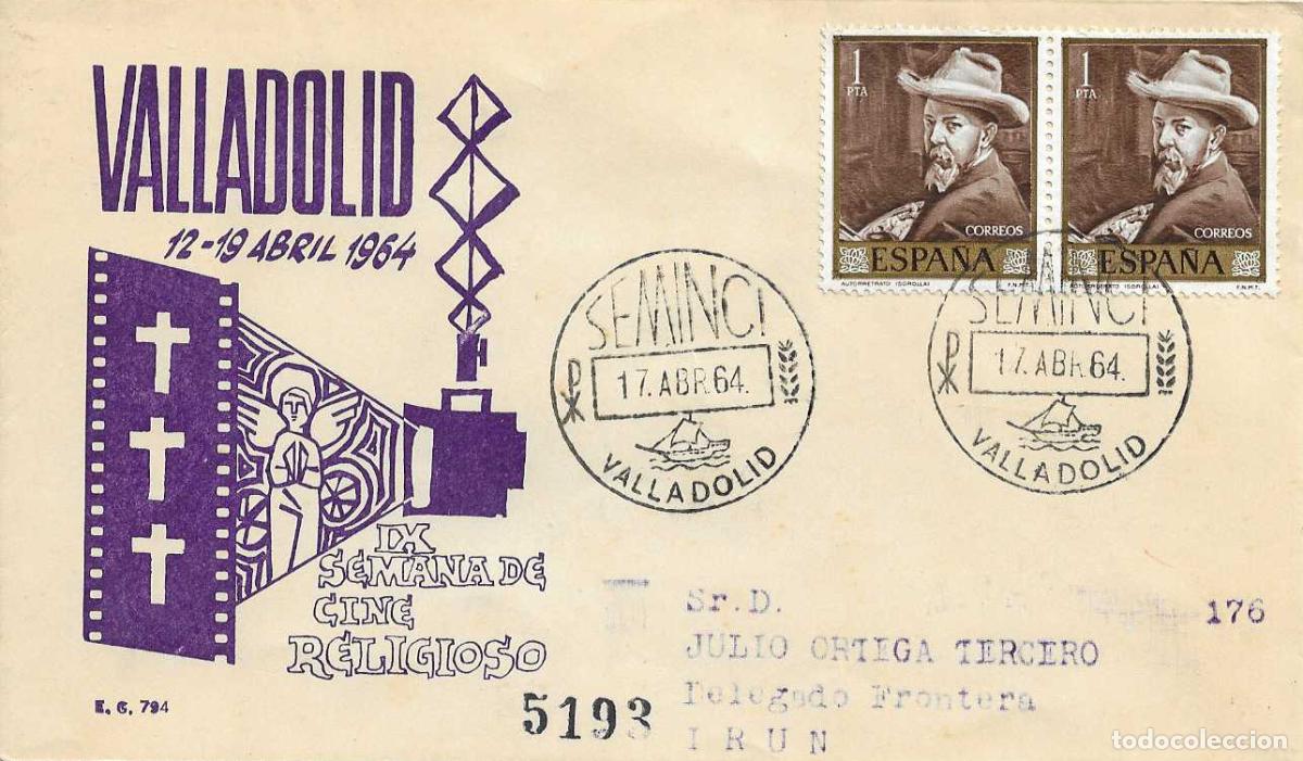 Sellos: SEMINCI IX SEMANA DE CINE RELIGIOSO, VALLADOLID 17 ABRIL 1964 MATASELLOS SOBRE CIRCULADO EG MUY RARO
