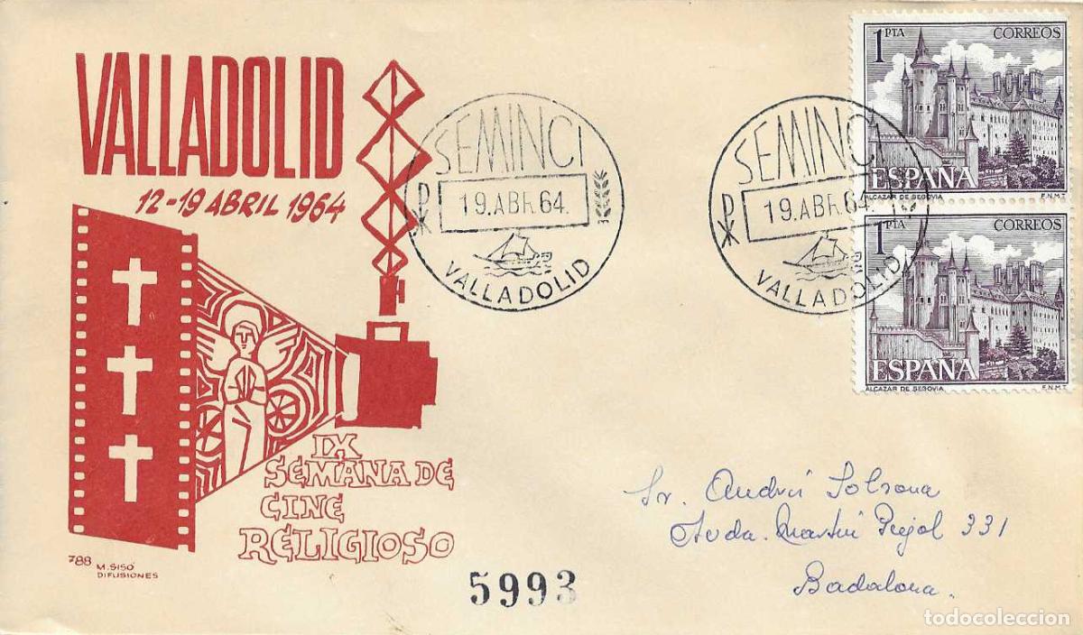 Sellos: SEMINCI IX SEMANA DE CINE RELIGIOSO, VALLADOLID 19 ABRIL 1964 MATASELLOS SOBRE CIRCULADO MS RARO ASI