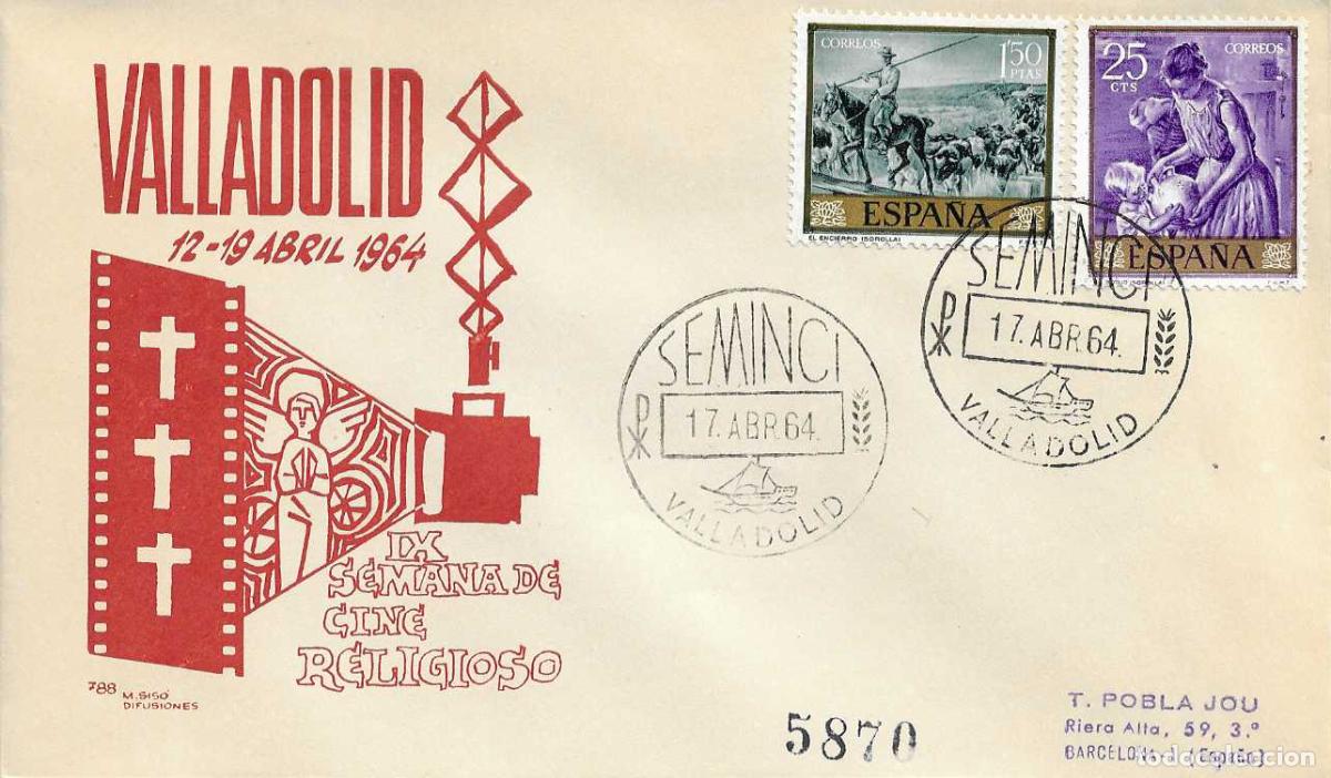 Sellos: SEMINCI IX SEMANA DE CINE RELIGIOSO, VALLADOLID 17 ABRIL 1964 MATASELLOS SOBRE CIRCULADO MS RARO ASI