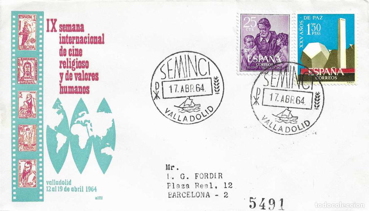 Sellos: SEMINCI IX SEMANA DE CINE RELIGIOSO, VALLADOLID 17 ABRIL 1964. MATASELLOS SOBRE CIRCULADO ALFIL RARO