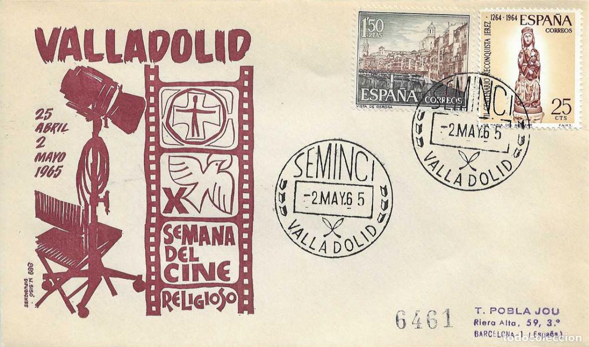 Sellos: SEMINCI X SEMANA DE CINE RELIGIOSO, VALLADOLID 2 MAYO 1965 MATASELLOS EN SOBRE CIRCULADO MS RARO ASI