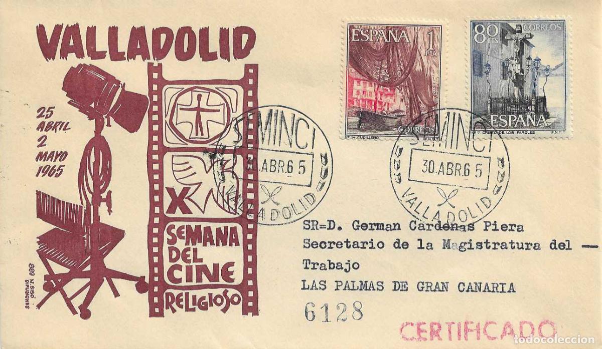 Sellos: SEMINCI X SEMANA DE CINE RELIGIOSO, VALLADOLID 30 ABRIL 1965. MATASELLOS EN SOBRE CIRCULADO MS RARO