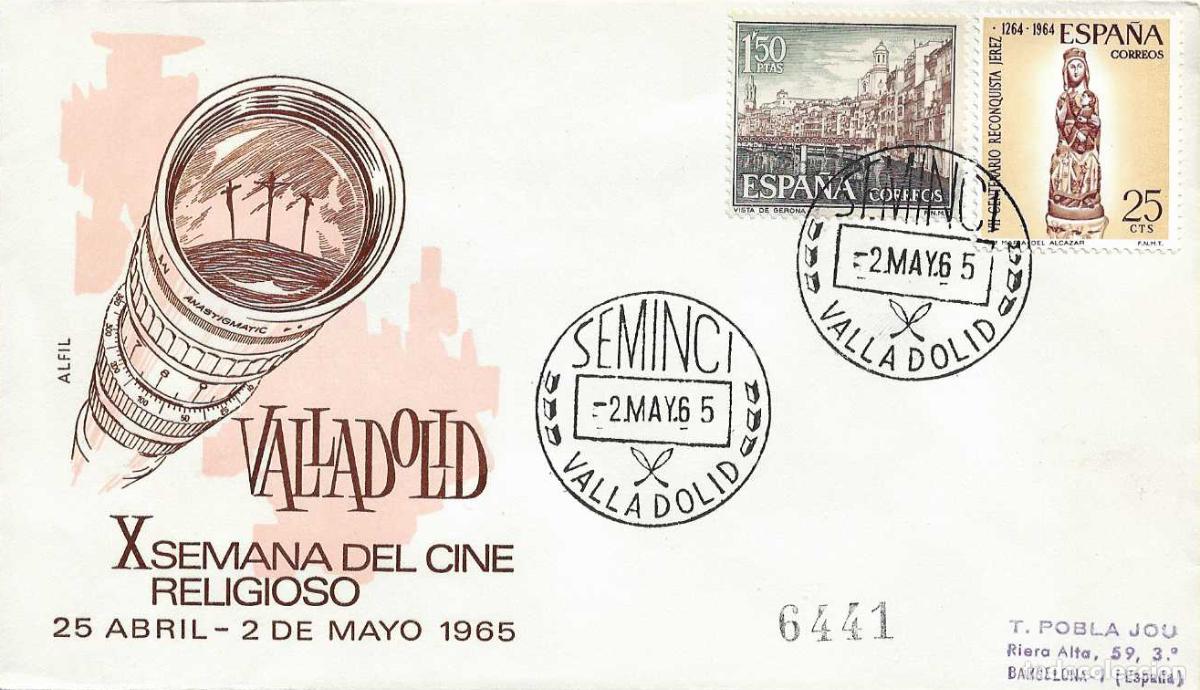 Sellos: SEMINCI X SEMANA DE CINE RELIGIOSO, VALLADOLID 2 MAYO 1965. MATASELLOS EN SOBRE CIRCULADO ALFIL RARO