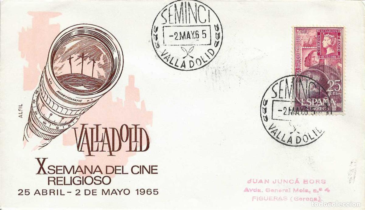 Sellos: SEMINCI X SEMANA DE CINE RELIGIOSO, VALLADOLID 2 MAYO 1965. MATASELLOS SOBRE SIN CIRCULAR ALFIL RARO