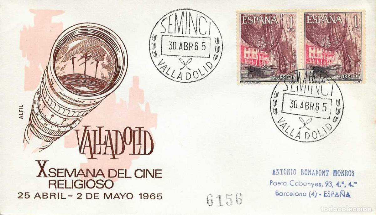 Sellos: SEMINCI X SEMANA DE CINE RELIGIOSO, VALLADOLID 30 ABRIL 1965. MATASELLOS SOBRE CIRCULADO ALFIL RARO