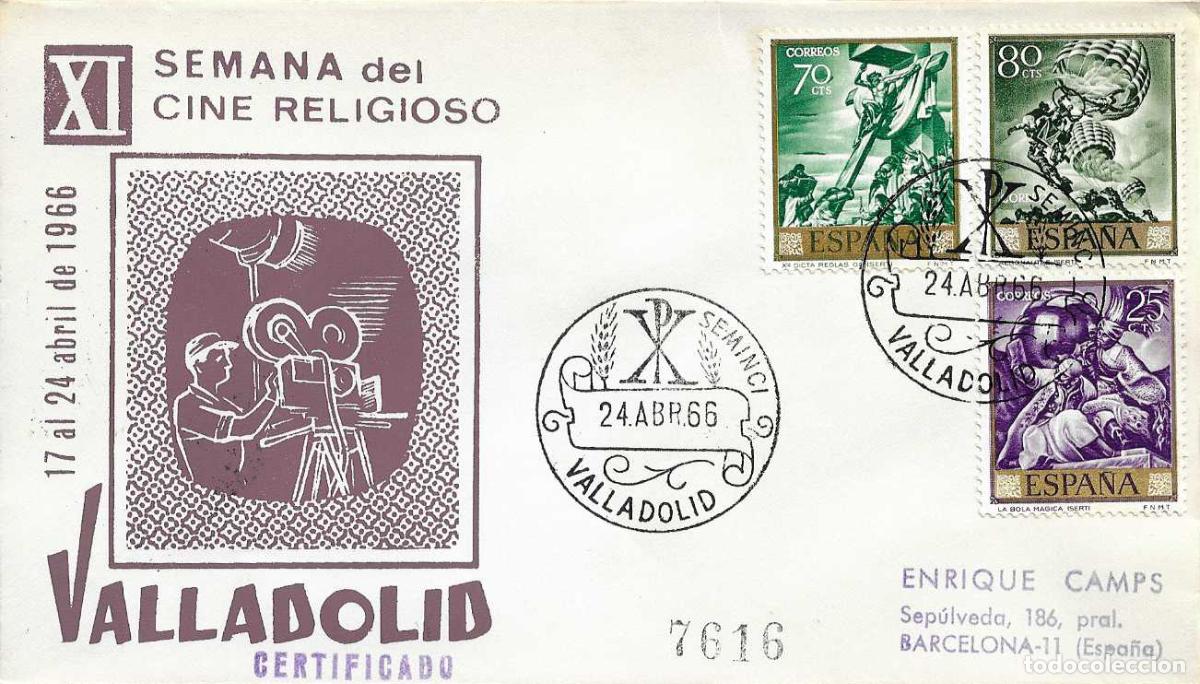 Sellos: SEMINCI XI SEMANA DE CINE RELIGIOSO, VALLADOLID 24 ABRIL 1966 MATASELLOS SOBRE CIRCULADO EG MUY RARO