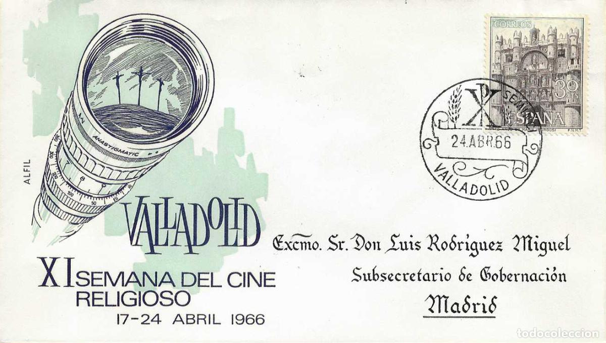 Sellos: SEMINCI XI SEMANA DE CINE RELIGIOSO, VALLADOLID 24 ABRIL 1966. MATASELLOS SOBRE DIRIGIDO ALFIL RARO
