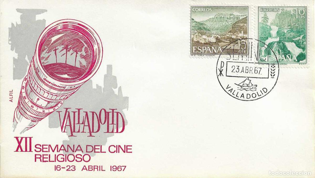 Sellos: SEMINCI XII SEMANA CINE RELIGIOSO, VALLADOLID 23 ABRIL 1967 MATASELLOS SOBRE SIN CIRCULAR ALFIL RARO
