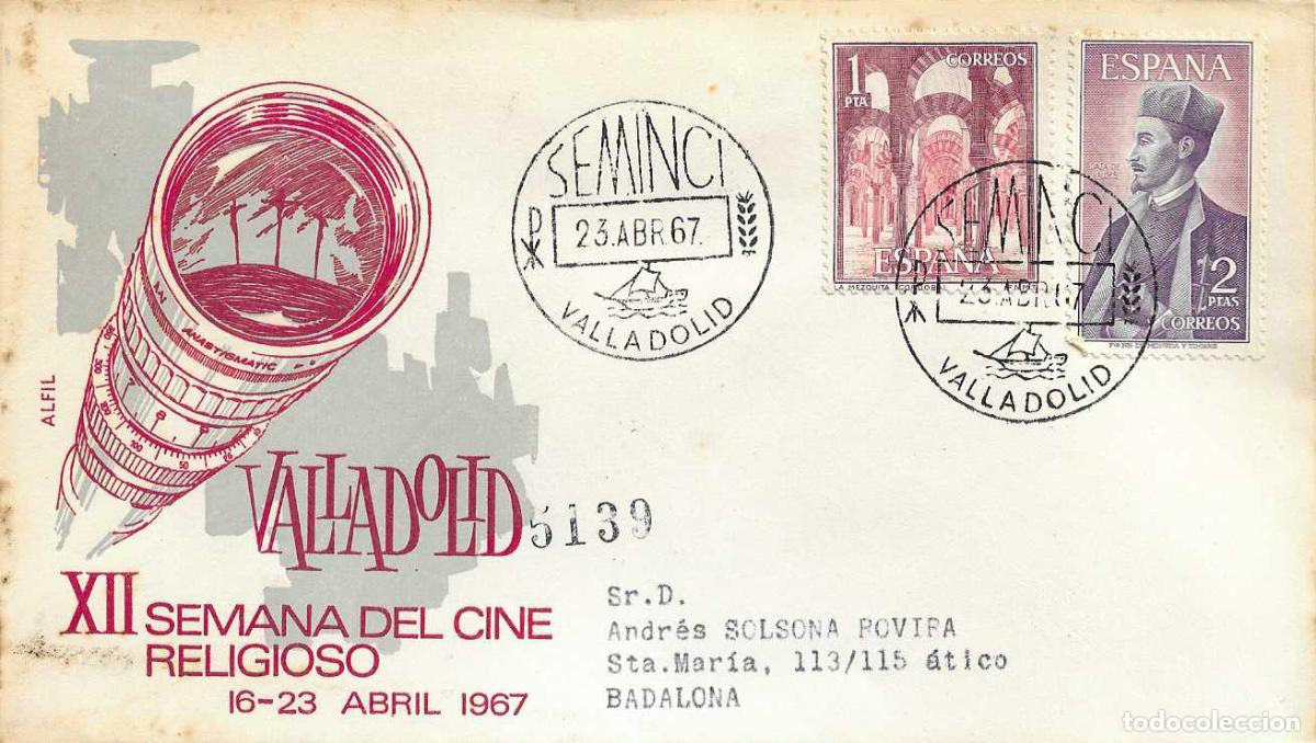 Sellos: SEMINCI XII SEMANA CINE RELIGIOSO, VALLADOLID 23 ABRIL 1967. MATASELLOS SOBRE CIRCULADO ALFIL RARO