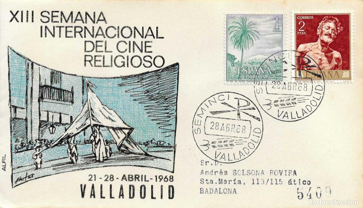 Sellos: SEMINCI XIII SEMANA CINE RELIGIOSO, VALLADOLID 28 ABRIL 1968. MATASELLOS SOBRE CIRCULADO ALFIL RARO