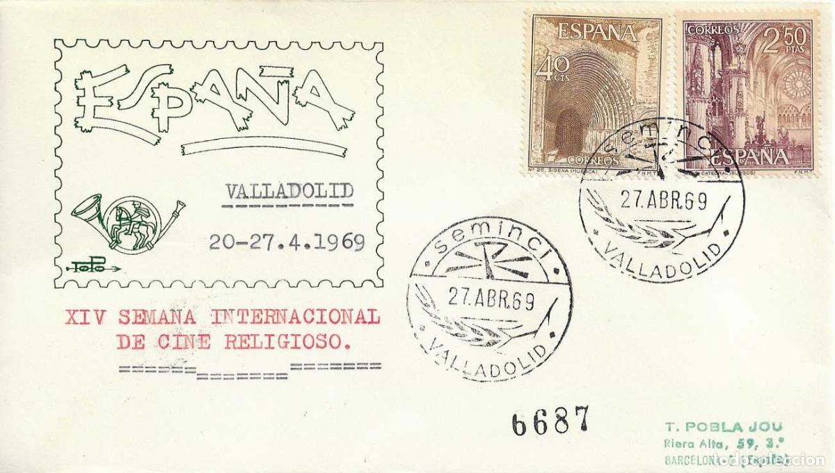 Sellos: SEMINCI XIV SEMANA CINE RELIGIOSO, VALLADOLID 27 ABRIL 1969. MATASELLOS SOBRE CIRCULADO TOPO RARO