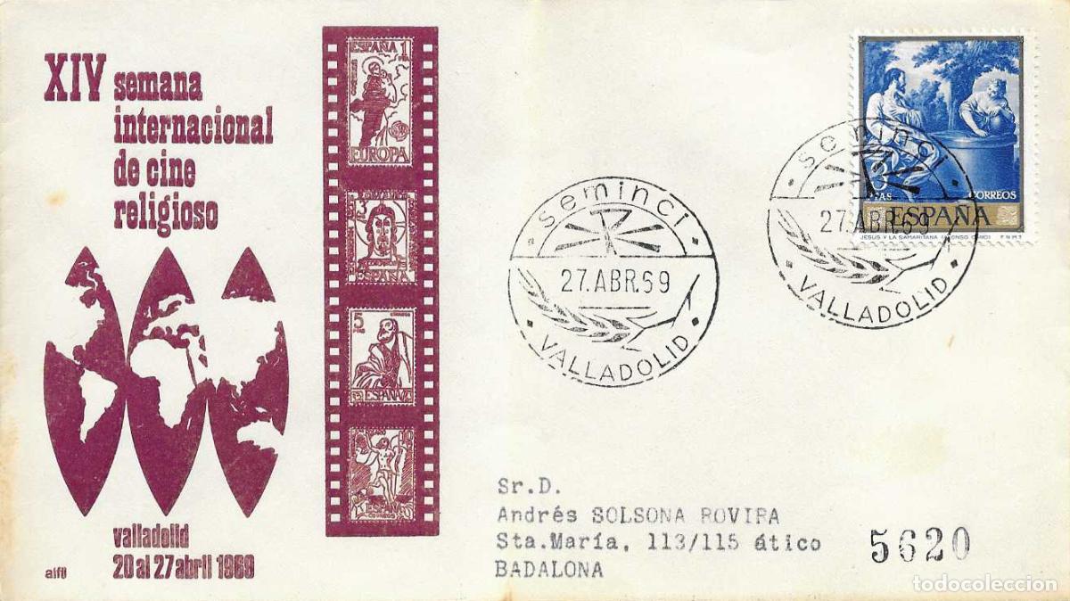 Sellos: SEMINCI XIV SEMANA CINE RELIGIOSO, VALLADOLID 27 ABRIL 1969. MATASELLOS SOBRE CIRCULADO ALFIL RARO