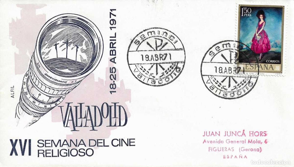 Sellos: SEMINCI XVI SEMANA CINE RELIGIOSO, VALLADOLID 18 ABRIL 1971 MATASELLOS SOBRE SIN CIRCULAR ALFIL RARO
