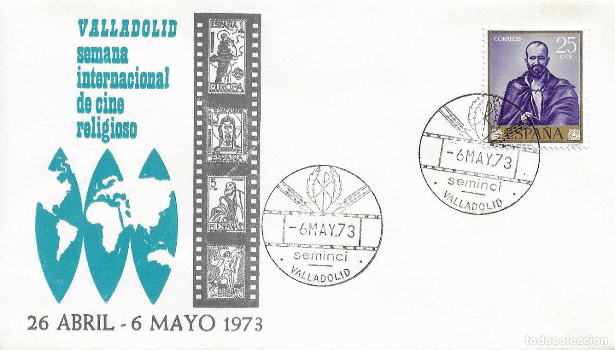 Sellos: SEMINCI XVIII SEMANA DE CINE RELIGIOSO, VALLADOLID 6 MAYO 1973. MATASELLOS SOBRE ALFIL RARO RELIGION