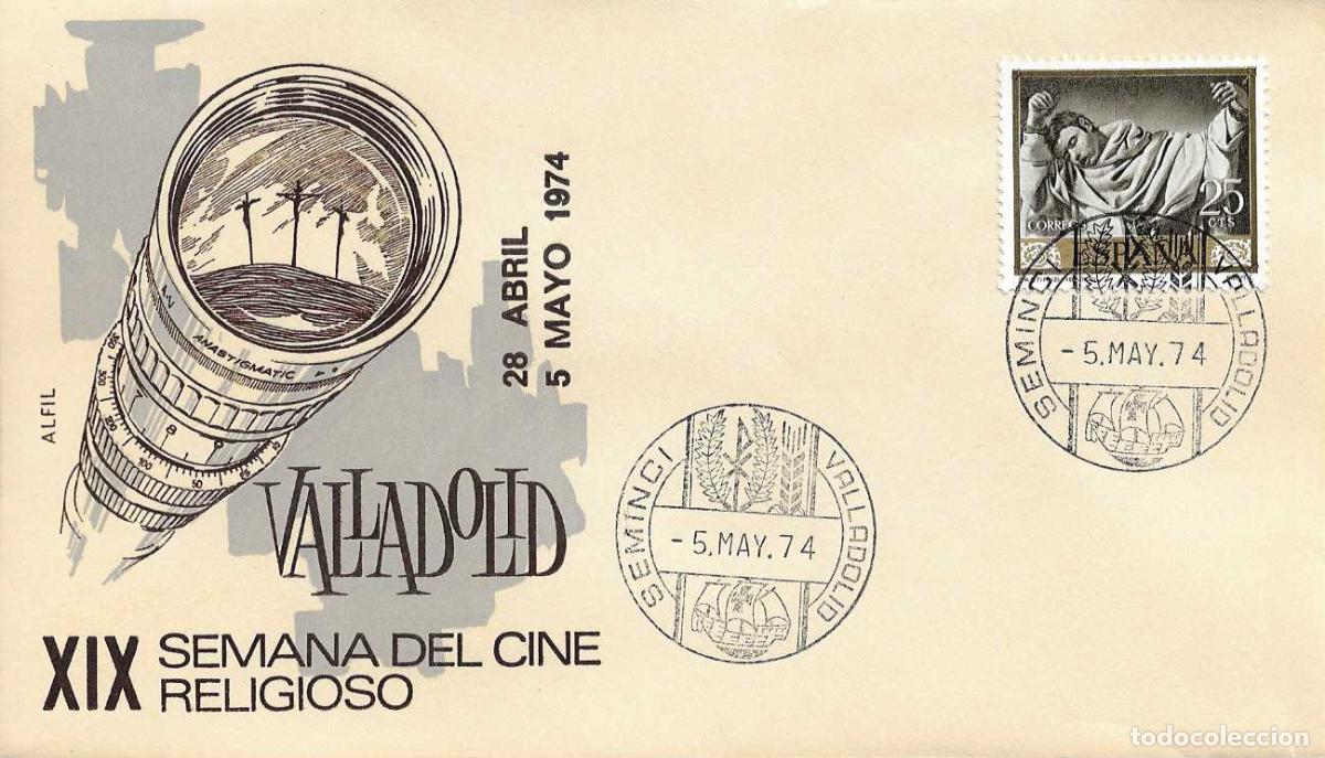 Sellos: SEMINCI XIX SEMANA DE CINE RELIGIOSO, VALLADOLID 5 MAYO 1974. MATASELLOS SOBRE ALFIL RARO RELIGION