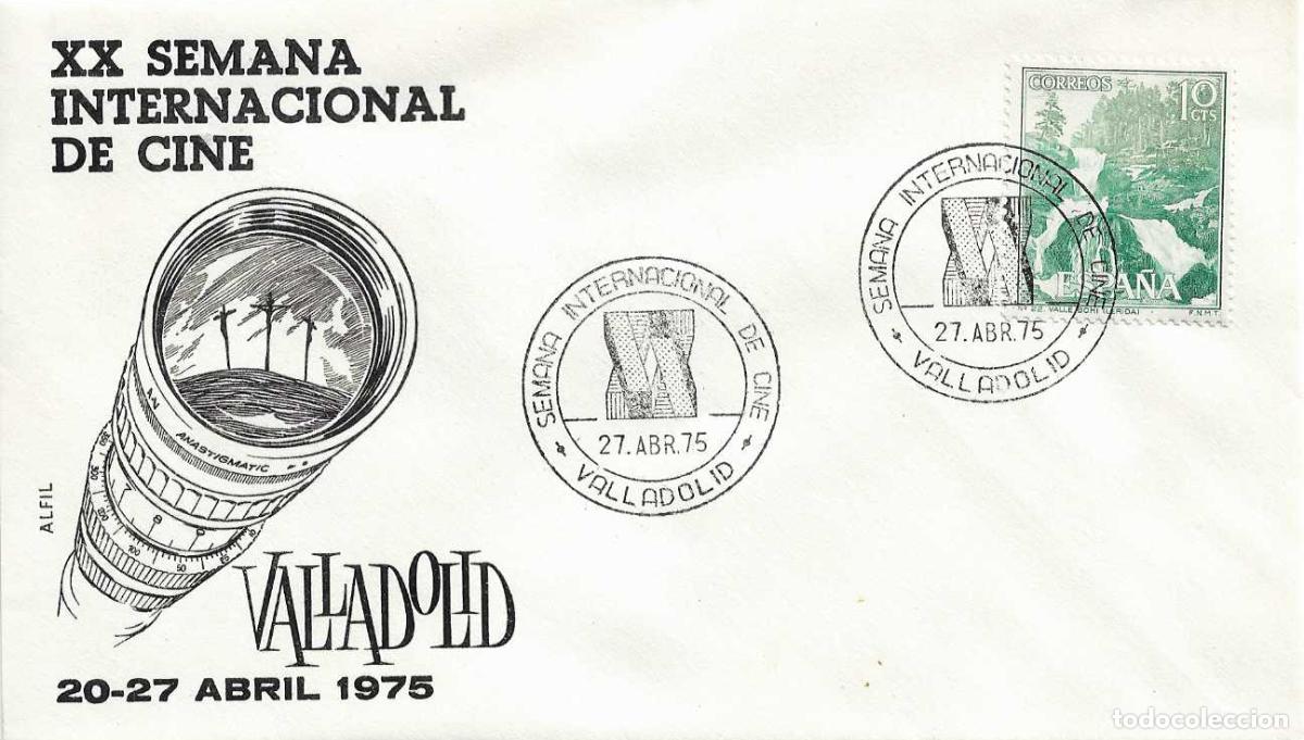 Sellos: CINE XX SEMANA INTERNACIONAL DE CINE, VALLADOLID 27 ABRIL 1975. MATASELLOS EN SOBRE ALFIL RARO ASI