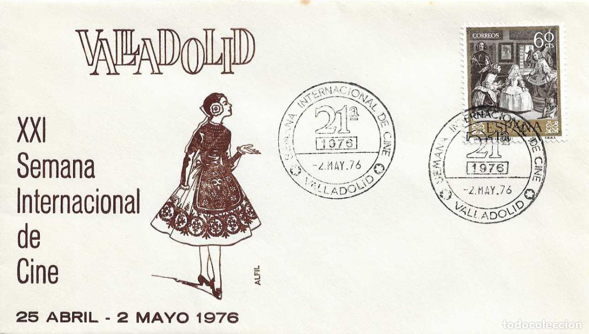 Sellos: CINE XXI 21 SEMANA INTERNACIONAL DE CINE, VALLADOLID 2 MAYO 1976. RARO MATASELLOS EN SOBRE DE ALFIL