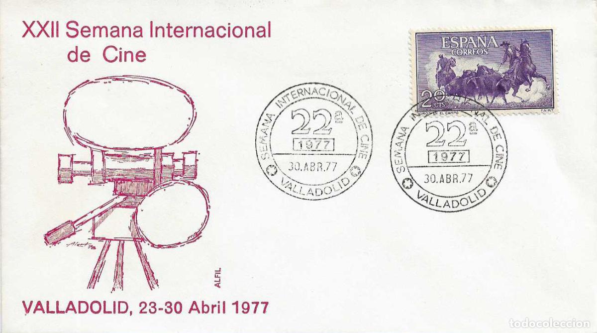 Sellos: CINE XXII 22 SEMANA INTERNACIONAL DE CINE, VALLADOLID 30 ABRIL 1977. RARO MATASELLOS EN SOBRE ALFIL