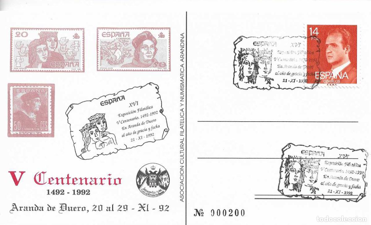 Briefmarken: REYES CATOLICOS ISABEL Y FERNANDO V CENTENARIO, ARANDA DE DUERO BURGOS 1992. MATASELLOS TARJETA RARO
