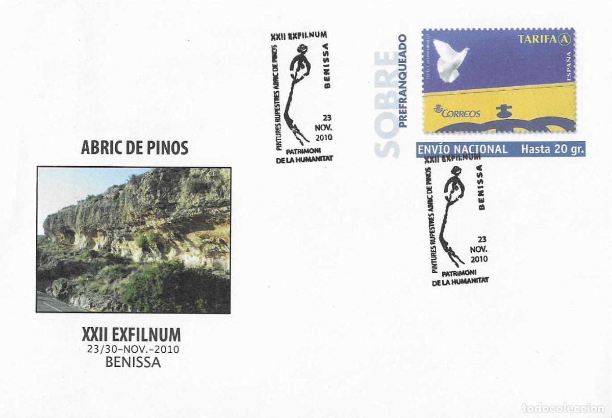 Sellos: PREHISTORIA PINTURAS RUPESTRES ABRIC DE PINOS, BENISSA (ALICANTE) 2010. MATASELLOS RARO SOBRE ILUSTR