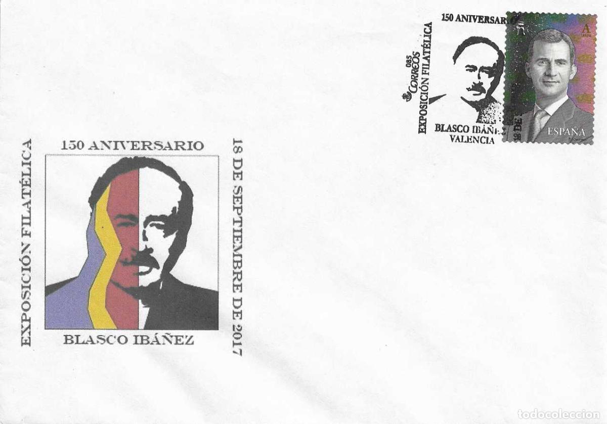 Sellos: VICENTE BLASCO IBA&Ntilde;EZ EXPOSICION 150 ANIVERSARIO, VALENCIA 2017. MATASELLOS EN RARO SOBRE ILUSTRADO
