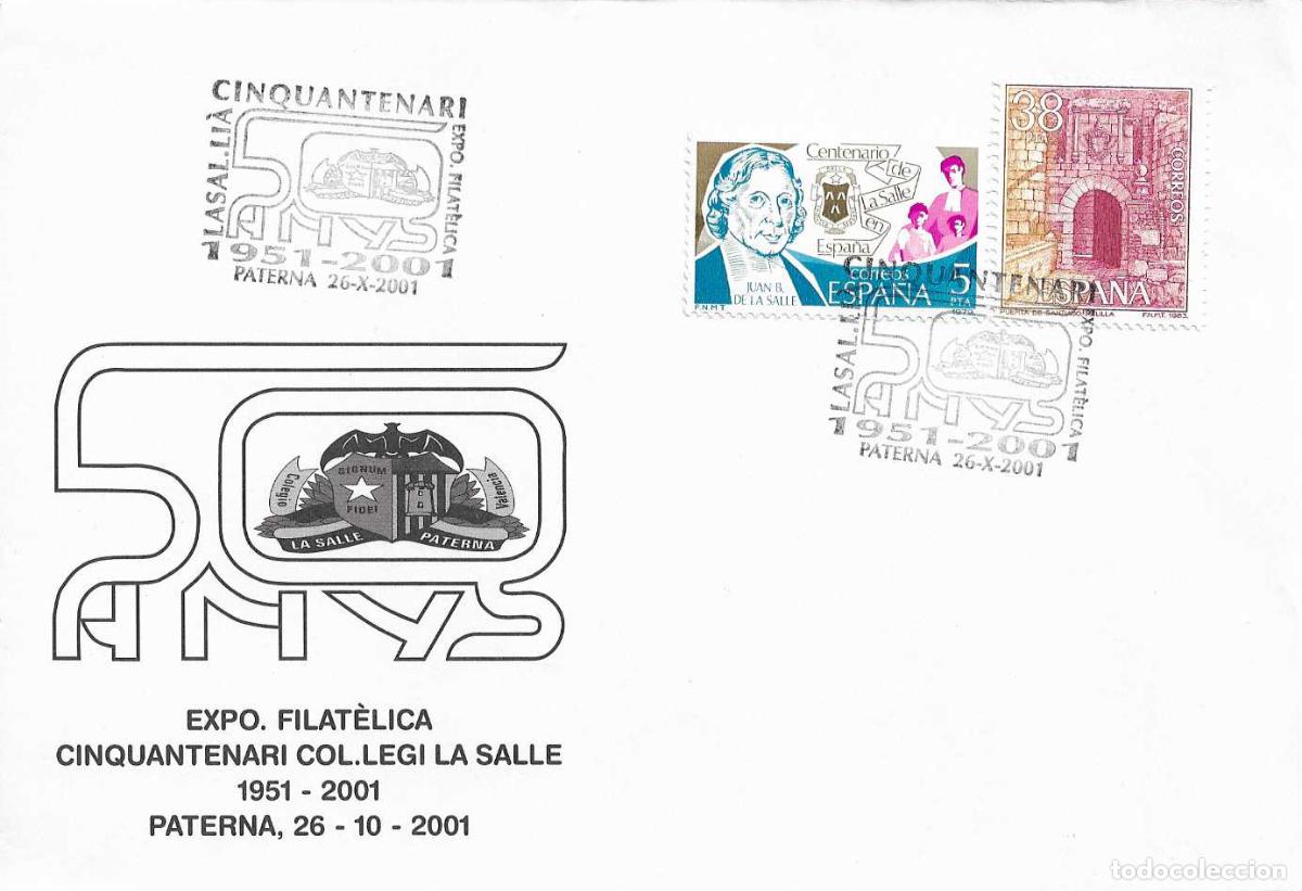 Selos: LA SALLE 50 ANYS EXPOSICION CINQUANTENARI, PATERNA (VALENCIA) 2001. MATASELLOS RARO SOBRE ILUSTRADO