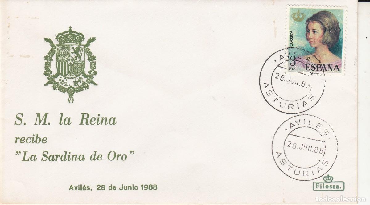 Sellos: MATASELLOS - S.M LA REINA RECIBE LA SARDINA DE ORO - AVILES (ASTURIAS) 28-06-1988