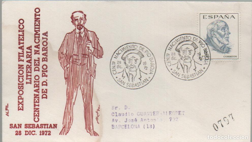 Sellos: A&Ntilde;O 1972, SAN SEBASTIAN, CENTENARIO NACIMIENTO DE PIO DE BAROJA, ESCRITOR, SOBRE DE ALFIL CIRCULADO