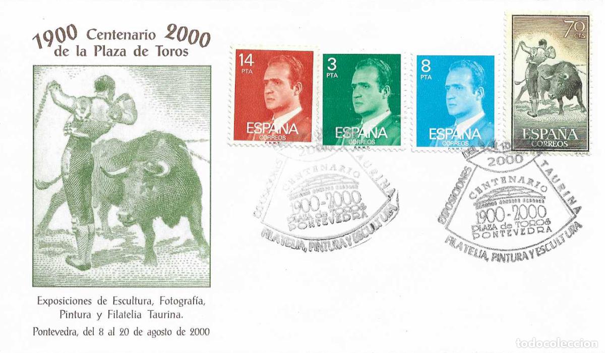 Sellos: TAUROMAQUIA PLAZA DE TOROS CENTENARIO, PONTEVEDRA 2000. MATASELLOS SOBRE MOD 1 FRANQUEO A JUEGO RARO