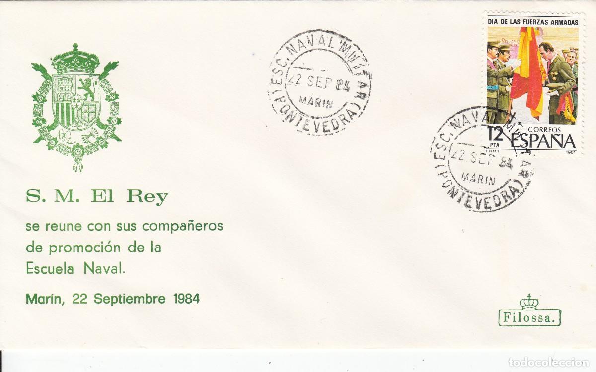 Sellos: MATASELLOS - S.M EL REY SE REUNE CONS SUS COMPA&Ntilde;EROS DE ARMAS - ESC.NAVAL MILITAR- MAR&Iacute;N - 1984